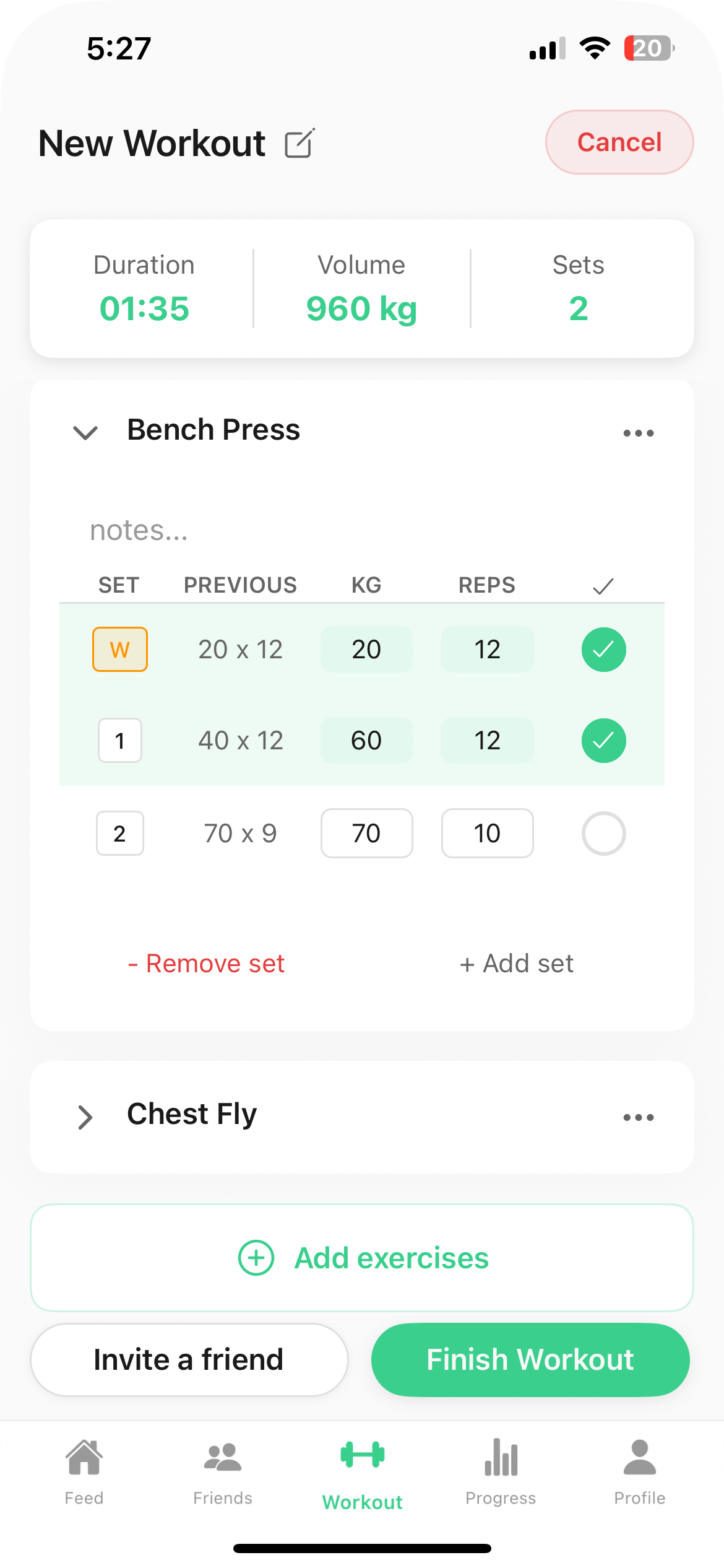 LIFTER workout tracking screen